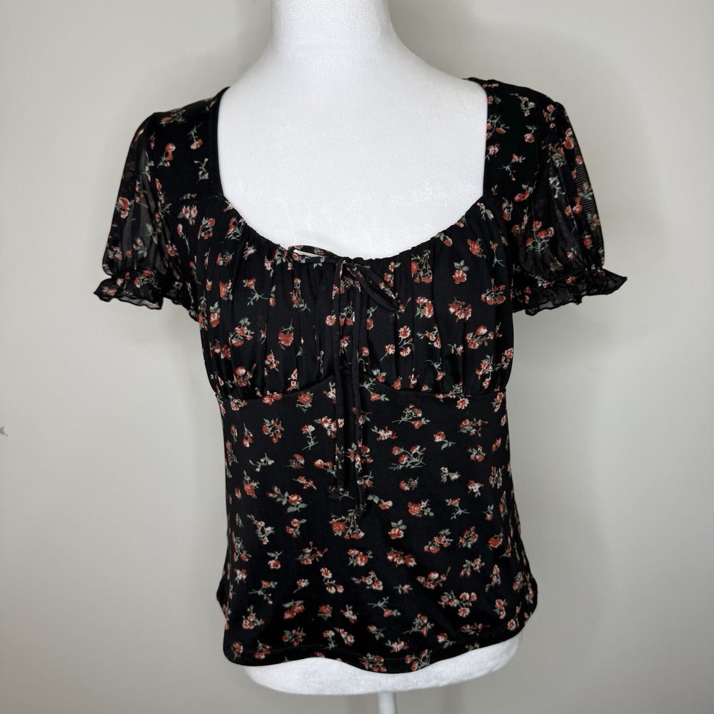 Y2K Milkmaid Mesh Top Whimsigoth Dark Cottage Fairy Grunge Puff Sleeve Floral L - Picture 2 of 4